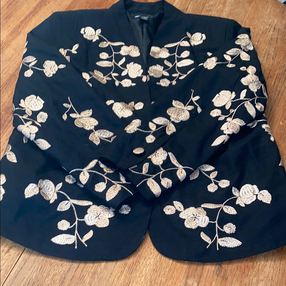 Carol Little silk blazer size one X black with gold embroidery, beautiful jacket